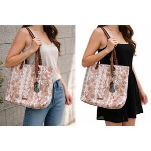 SAKROOTS Loyola Generation Tote Shoulder Bag Boho Coated Canvas Tassel Keychain